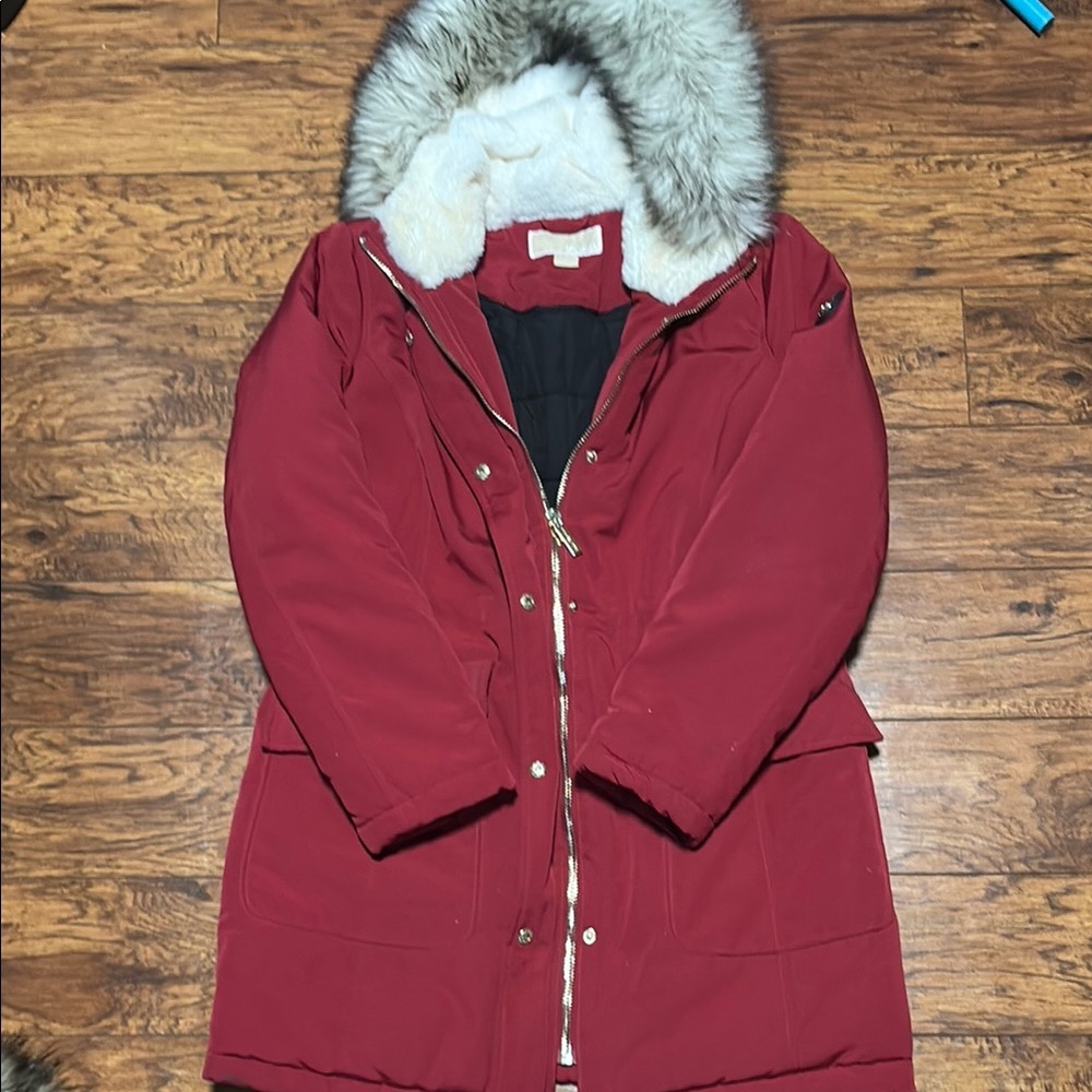Women's Red Parka with Faux Fur Hood Michael Micheal Kors